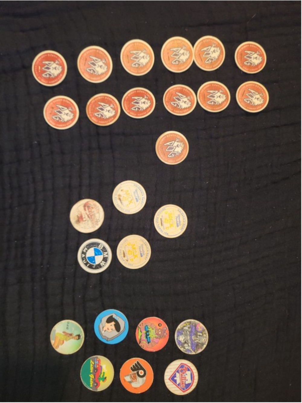 Vintage Pogs Milk Caps Token Lot ABC Stores Maui Hawaii BMW Sports Cartoon